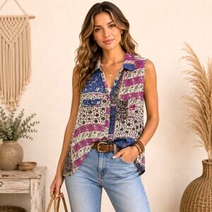 Amang NY Sleeveless Button-Up Blouse Women's Size M Patchwork Boho Casual Summer